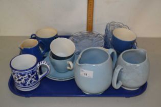 Tray containing a quantity of pottery tea wares, two jugs and some small glass dishes