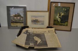 Box containing a quantity of vintage newspapers and a print and a small watercolour of a castle