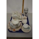 Tray containing a quantity of ceramics including a pottery cheese dish and cover small vase and