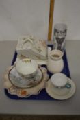 Tray containing a quantity of ceramics including a pottery cheese dish and cover small vase and