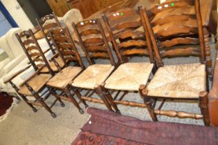 Quantity of ladder back chairs, two carvers and four chairs