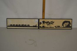 Two silhouette pictures of oxen, signed by L E Curtis in black rectangular frames
