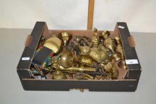 Box containing quantity of mainly brass ware, bells, brass animals etc