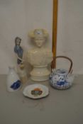 Quantity of ceramics, teapot with wicker handle, model of a girl in Copenhagen style etc