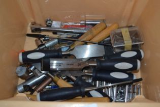 Plastic box containing a quantity of tools, chisels etc