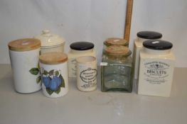 Quantity of ceramic jars and containers, some with cork and wooden lids including Portmeirion and
