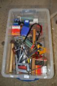 Large plastic box containing a quantity of carpentry tools, chisels, saws etc