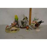 Quantity of bird models including a Crown Devon model of a pheasant, modelled by T Jones