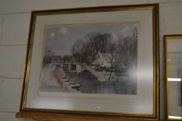 A Rowland Hilder print of a river scene, the mount signed by the artist