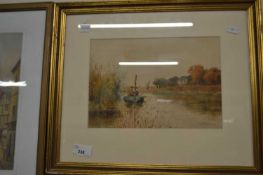 Watercolour of a Broads scene signed lower right by W Leslie Rackham