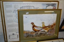 Watercolour of pheasants together with a framed map of Devonshire