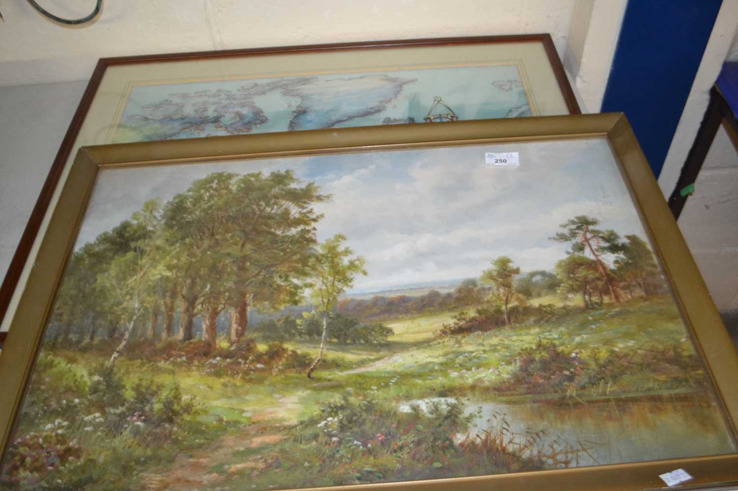 Framed and glazed oil of a landscape scene, signed lower left by L Richards together with a print of