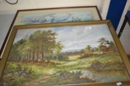 Framed and glazed oil of a landscape scene, signed lower left by L Richards together with a print of