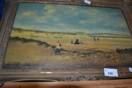 Print on board of a beach scene in vintage frame