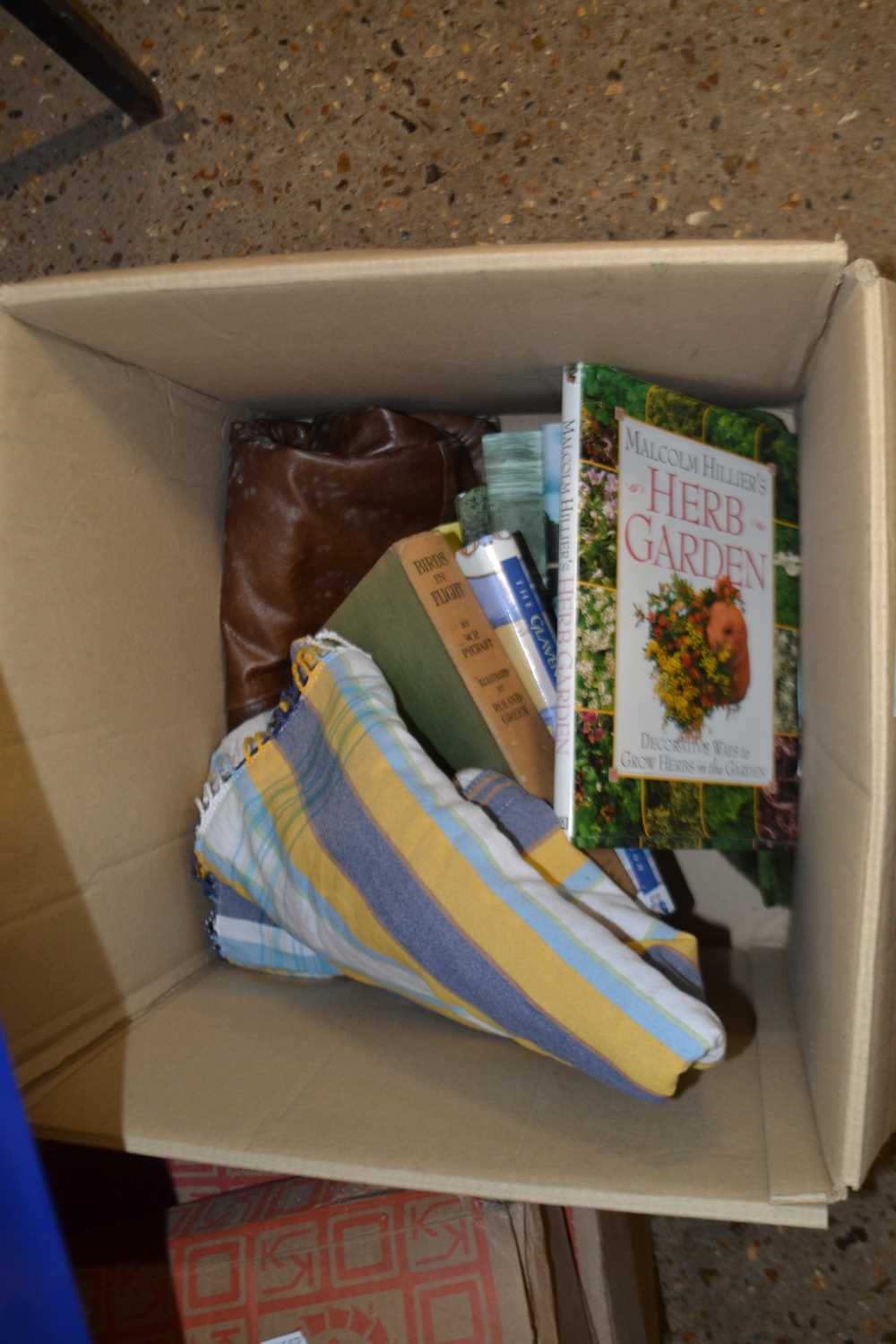 Box containing vintage leather handbag and some hardback books