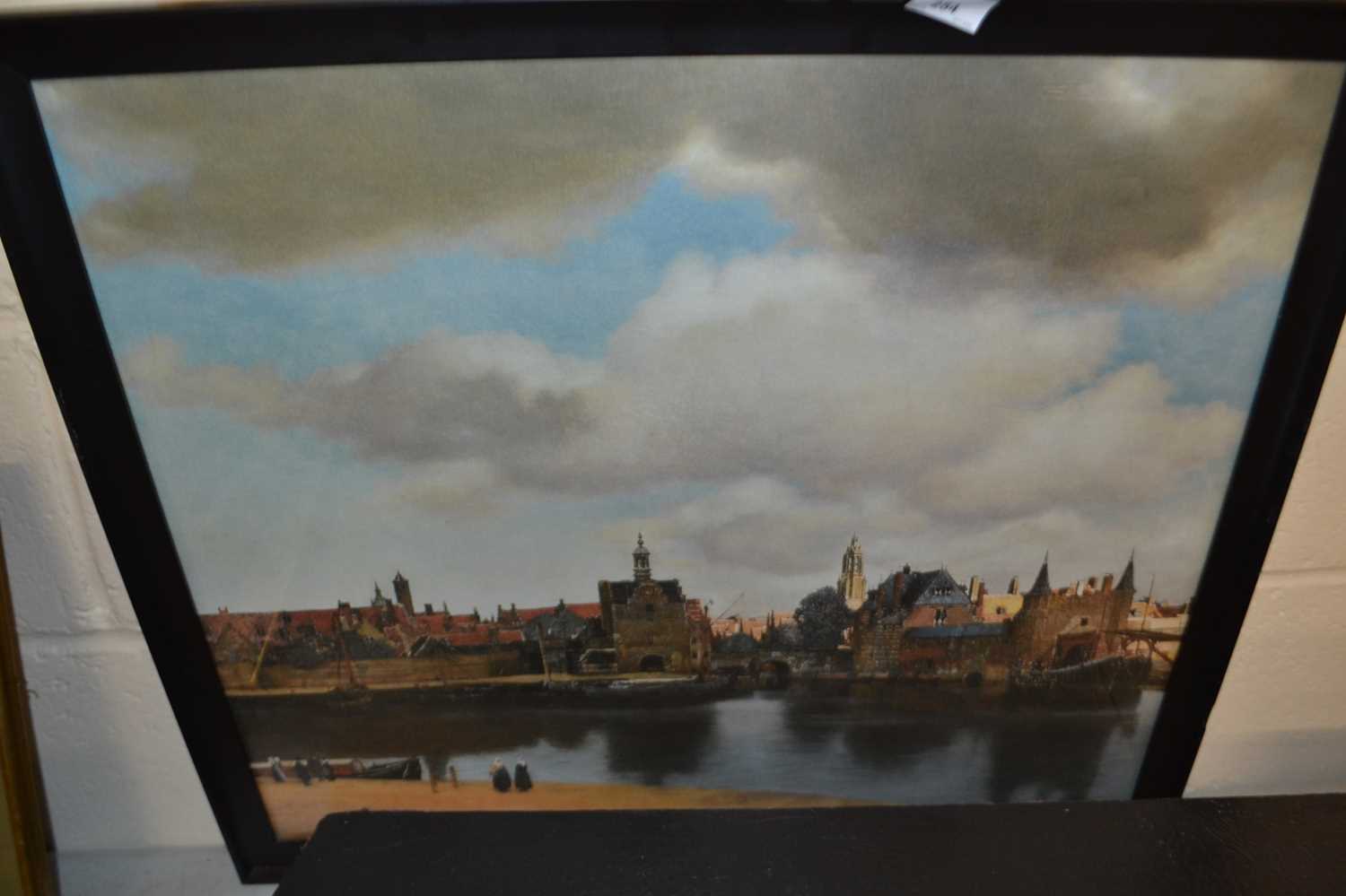 Print of "View of Delft" circa 1660, Johannes Vermeer. in black plastic frame