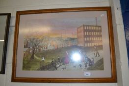 A print of an industrial scene with children by Helen Bradley