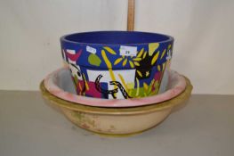 Painted pottery jardiniere and two large porcelain bowls