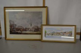 A print of Norwich Cathedral together with a watercolour of Norwich by F A Betteridge, 1988