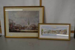 A print of Norwich Cathedral together with a watercolour of Norwich by F A Betteridge, 1988