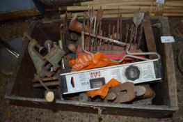 Wooden box containing a quantity of tools, clamps, drill bits etc
