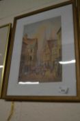 Watercolour of a street scene signed lower left by Hinson
