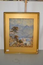 Watercolour in gilt frame, signed bottom left by Thomson of a continental lake scene (unglazed)