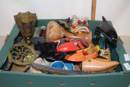 Mixed Lot: Tribal masks, Poole Pottery dolphin, assorted metal wares etc