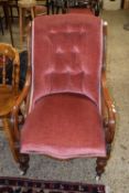 Victorian scroll arm chair with pink buttoned upholstery