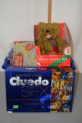 Assorted games to include Cluedo, Scrabble, a teddy bear, pool balls etc