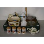 Mixed Lot: Fruit decorated jardiniere, Bells whisky decanter with contents, glass tazza, vases etc