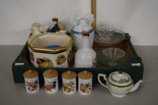 Mixed Lot: Fruit decorated jardiniere, Bells whisky decanter with contents, glass tazza, vases etc