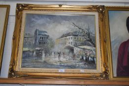 Continental street scene signed Burnett, oil in gilt frame