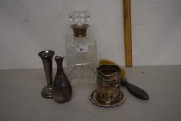 A cut glass decanter with silver collar together with a quantity of other metal wares
