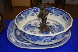A Masons iron stone blue and white large bowl together with a Staffordshire blue and white meat dish