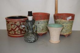 Quantity of pottery planters and a small table lamp