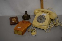 Vintage telephone, cigar case, necklace stand and a bell lady