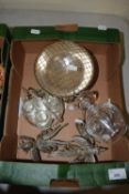 Mixed Lot: A pair of white metal fighting cockerels, a rose bowl, table cigar lighter, cruet etc