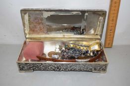 A white metal jewellery box together with contents to include various coins, watches, silver