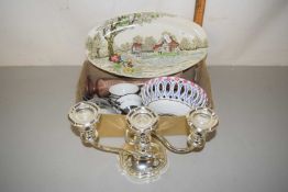 Mixed Lot: White metal three branch candelabra, silver decorated Art Deco style tea wares etc