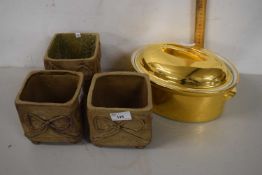 Set of three Studio Pottery square planters and a gilt glazed tureen and cover