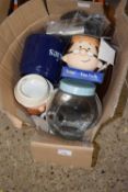 Mixed Lot: Tetley Tea Folk commemorative items, Thermos mug, cookie jar, kitchen pans etc