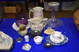 Mixed Lot: Tall glass tazza, floral and bird decorated jugs, glass vase and other items