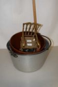 A jam pan, an aluminium pan, wooden bowl and assorted metal wares