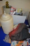 Mixed Lot: Various metal vases, covered storage jar, small rug and other items