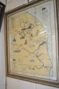 Coloured map of Norfolk Broads and Rivers by H C Banham Ltd, framed and glazed