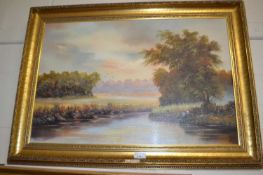 Contemporary school oil on canvas, riverside scene, gilt framed
