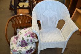 A white wicker chair together with a further 1930's bedroom chair (2)