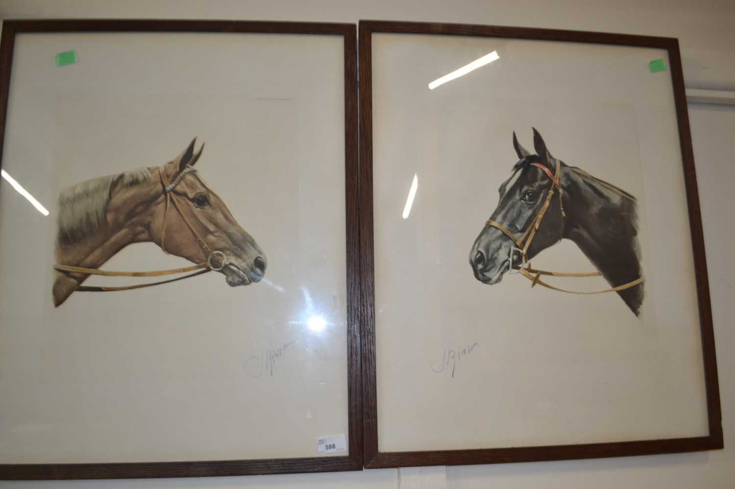 J.Rivet (French, 20th century), A pair of horse head portraits, lithographs in colour, signed in