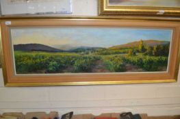 Pierre Roussel (French, 1927-1995), French landscape, oil on canvas, signed, 33x117cm, framed